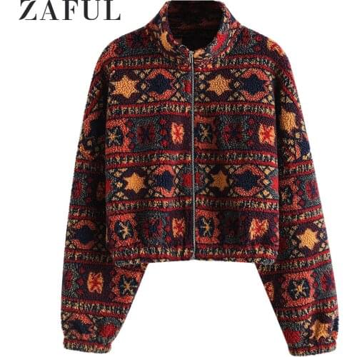 ZAFUL Tribal Print Short Teddy Coat Women Casual Long Sleeve Zipper Outwear Fashion Solid Winter Streetwear Jackets