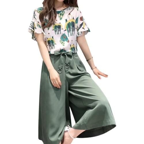 Large 5XL Summer Korean New O Collar Short Shirt + Wide Leg Pants Suit Women Temperament 2 Piece Suit Women Slim Printing Set
