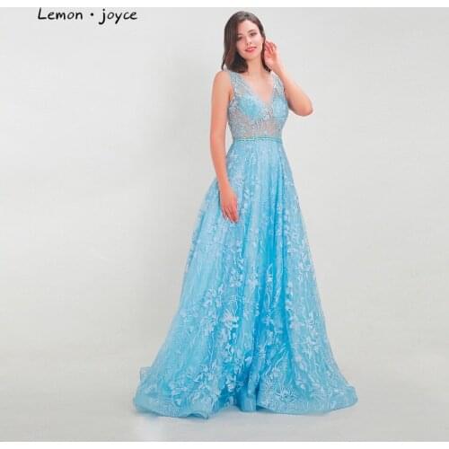 Lemon joyce Blue Evening Dresses 2020 Sexy V-neck Beading Illusion A-line Floor Length Elegant Prom Party Gowns Plus Size
