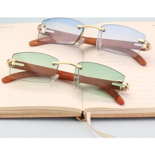 Kanffod Fashion Square Rimless Mens Sunglasses Wooden Frame Rectangle Ocean Small Blue Lens Male Classic Driving Goggles UV400