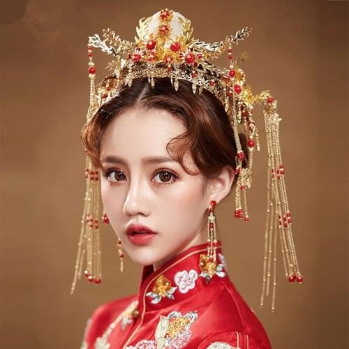 Vintage Chinese Style Bride Headwear Set Cosplay Hanfu Accessories Phoenix Tiara and Crowns Coronet Earrings Wedding Jewelry