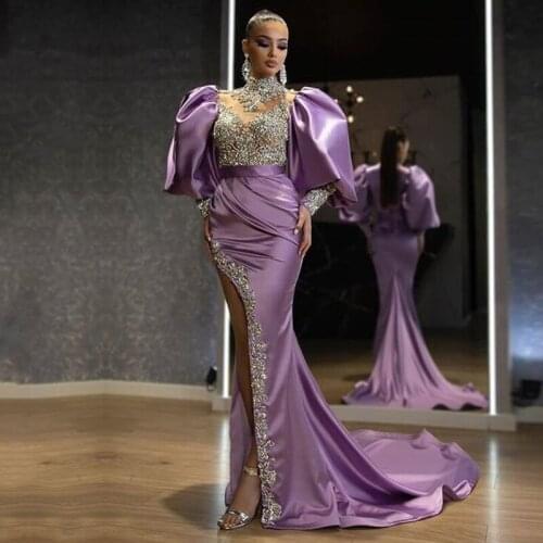 New Purple Arabic Evening Dresses High Neck Beaded High Side Split Satin Prom Dresses Sexy Party dress for Women 2020