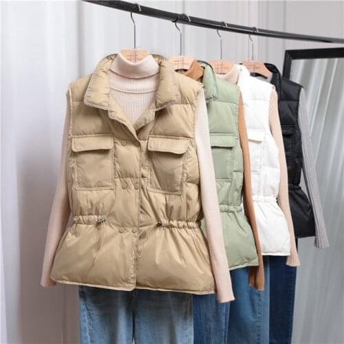 Solid Short Style Vest for Women Cotton Padded Plus Size Womens Winter Sleeveless Jacket with pocket Stand Collar Casual Coats