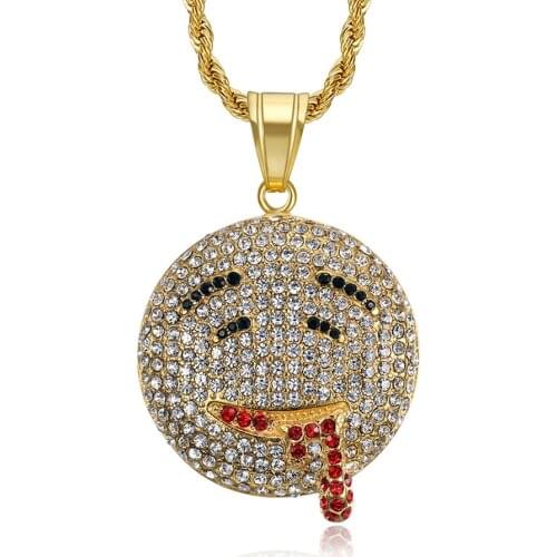 Drool Round Face Pendant With Rope Chain Gold Color Stainless Steel Charm Iced Out Bling Mens Hip hop Necklace Rock Jewelry