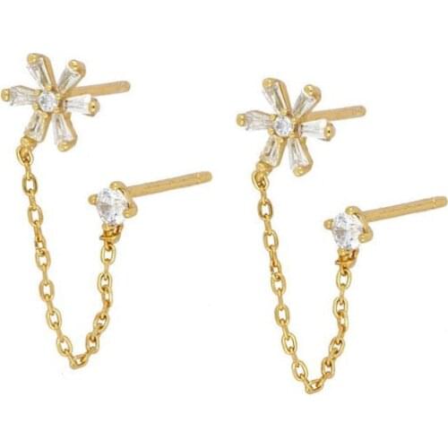 Double Hole Two Piercing Simple CZ Stud Earring Tassel Chain Sparking Bling Dainty Flower cz Fashion Girl Jewelry