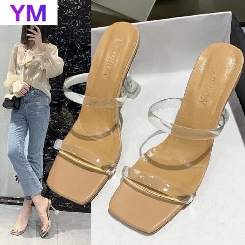 Designer Lucency Summer New Crystal Women Mules Shoes Fashion PVC Open Toe Slides Ladies Brand Thin Heel Mules Female Slippers