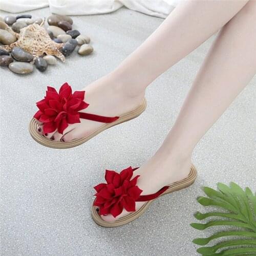 Women Plus Size Slippers Summer Floral Casual Solid Color Flip Flops Ladies Sweet Flat Shoes Beach Wear