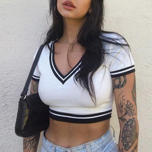 Knitted T Shirt Black White Top Short Sleeve Tee V Neck Cropped T Shirt Striped Streetwear Casual Short Tshirt Women 2021