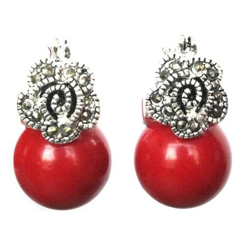 Ladys 12mm Red Coral Bead Flower Marcasite & 925 Silver Earrings 5.29 REAL Natural