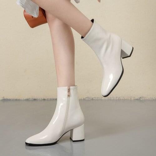 Autumn Women Fashion Square High Heels Zapatos De Mujer White Patent Leather Shoes Ankle Boots Black Woman Zipperrt64