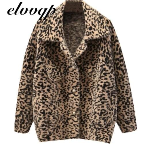 Plus Size Faux Fur Mink Fleece Women Coat Winter Warm Soft Single Breasted Leopard Print Jacket Female Plush Loose Overcoat