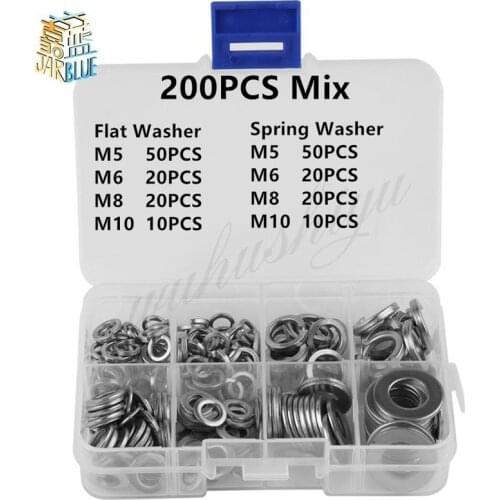 200Pcs/set Stainless Steel Flat & Spring Washer Assortment Kit Set Lock Tools M5 M6 M8 M10 Fastener Hardware with Box