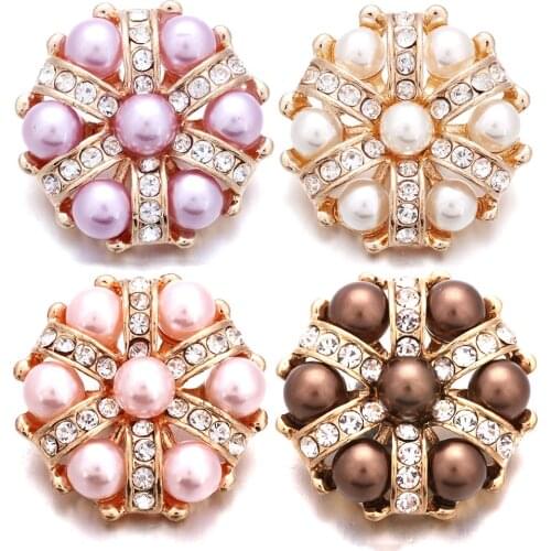 5pcs/lot New Snap Jewelry Rhinestone Crystal Pearl Flower 18mm Snap Buttons Big Snap Fit Gold Metal Snap Bracelet Button Jewelry