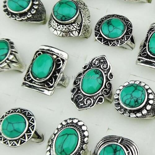 Big Promotion 2014 New Arrival 10pcs Vintage Green Turquoise Stones Antique Silver Women Mens Rings Wholesale Jewelry Lots A-143