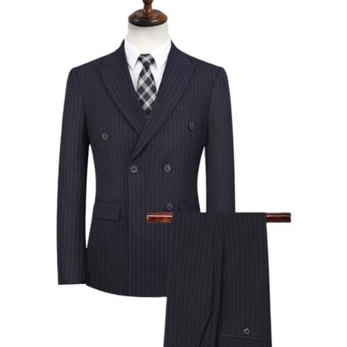 Business Mens Suits Blazers Male Double Breasted Stripe Lapel Pockets Stripe Men Formal Suit Set Wedding business costume homme