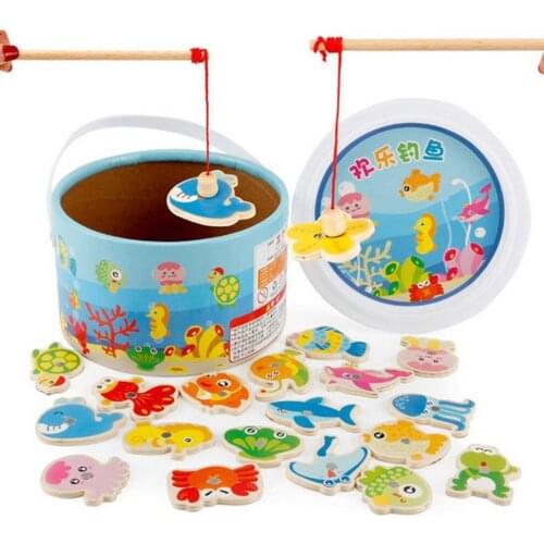 Barreled Wooden Magnetic Fishing Toys set Baby Bath Toy Learning Education Play Set Fishing Game Kids Indoor Outdoor Fishing Toy