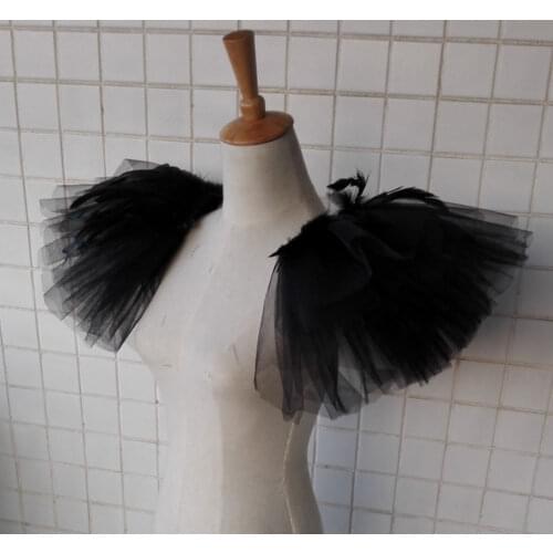 Handmade gathered bridal tulle shoulder epaulette with feather #FSP16001M
