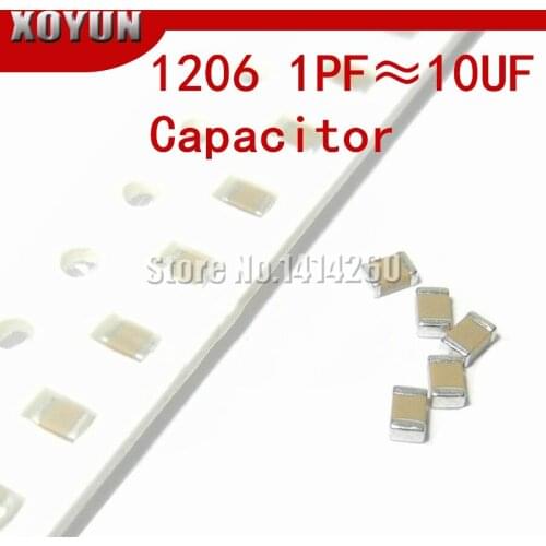 100pcs 1206 50V SMD Ceramic Capacitor 0.5pF- 22uF 10NF 100NF 1UF 2.2UF 4.7UF 10UF