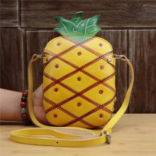 New leather handmade pineapple bag shoulder bag messenger mobile phone bag female fruit bag fashion pull style cosmetic bag