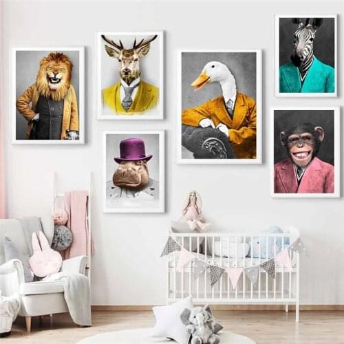 Animal Poster Funny Portrait Art Print Mural Monkey Lion Duck Hippo Zebra Canvas Painting Nordic Modern Living Room Decoration
