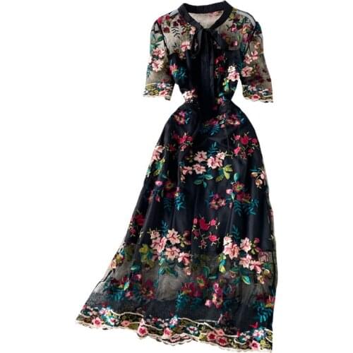 Women Dress Fashion Contrast Bow Round Neck Short Sleeve Slim Embroidery Flower A-line Dress Elegant Vestidos De Mujer