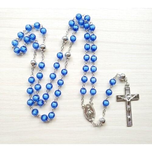 QIGO Blue Acrylic Rosary Necklace Catholic Long Cross Pendant For Men Women Religious Jewelry