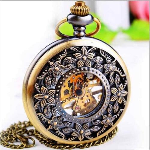 Luxury flowers Hollow White face Bronze antiques Mechanical hand wind Good quality Men and Women pocket watches gfit