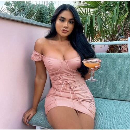 Puff Sleeve Party Dress Women Summer Off Shoulder Sexy Bodycon Dress Corset Lace Up Tight Mini Ruched Dress Pink Vestido