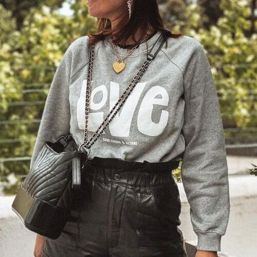 Love Sweatshirt Grey Hoodie Cotton Letter Print Long Sleeve Round Neckline Warm Pullover Casual Vintage Pull Sweatshirts