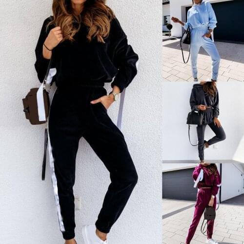 Women Autumn Long Sleeve Velvet Hoodie Crop Top Pants Sports Tracksuit Outfit