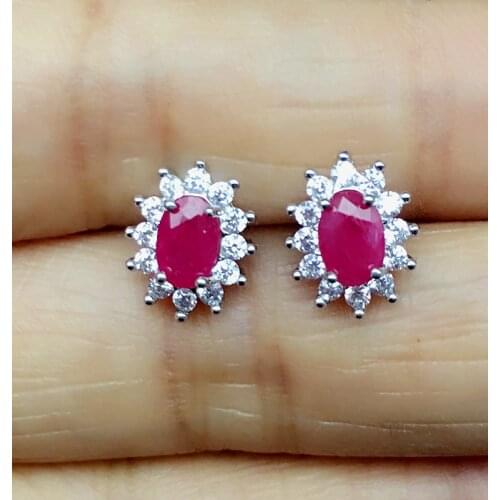 Classic Ruby Stud Earrings for Woman 4mm*6mm Natural Ruby Earrings 925 Silver Ruby Jewelry Gift for Woman