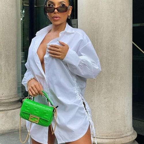 Side Drawstring Ruched Hollow Out White Shirt Dress Women Turn-down Collar Button Long Sleeve Dress Streetwear Casual Mini Dress