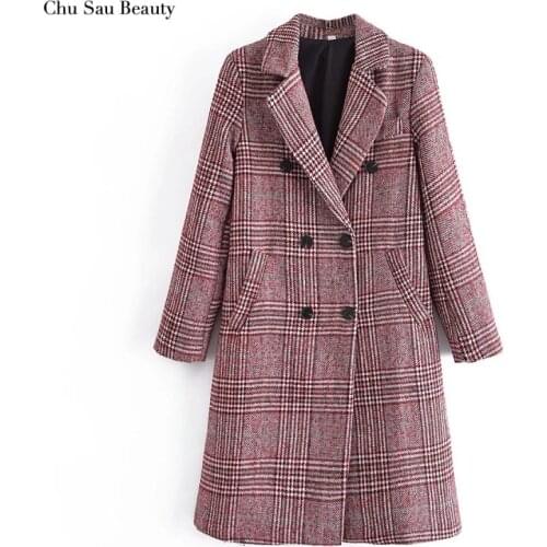Chu Sau Beauty 2021 Autumn And Winter Womens Plaid Woolen Coat, Suit Collar Mid-Length Double-Breasted Coat