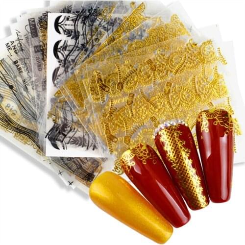 ZKO Golden 3D Nail Art Adhesive Stickers Geometric Stripes Line Design Foils Sliders For Nails Decoration Decal Manicure