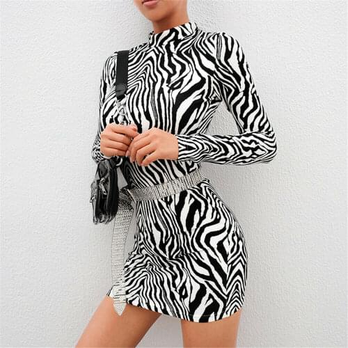 2020 Autumn Zebra Stripe Vintage Pencil Dress Women Long Sleeve High Neck Bodycon Slim Mini Dress Party Club Casual Dresses