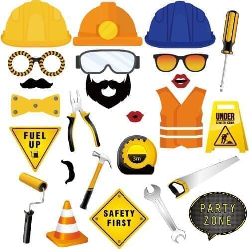 25pcs Construction Theme Photobooth Props Birthday Party Favor Cartoon Hard Hat Warning Sign Kids Birthday Party Decoration
