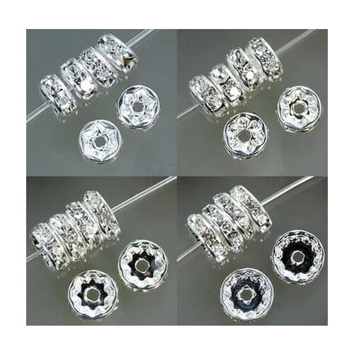 6 mm 8 mm 10 mm 12 mm ,each size 100 Pieces, White Crystal Rhinestone Rondelle Spacer, Silver Plated OES DIY beads Jgjj4