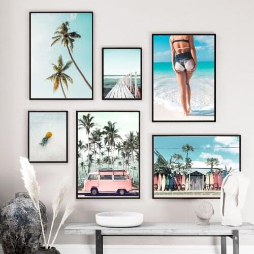 Bus Sea Beach Girl Palm Tree Landscape Wall Art Canvas Painting Nordic Posters And Prints Wall Pictures For Living Room Decor