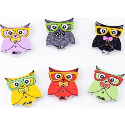 Free Shipping Retail 40Pcs Random Mixed Lovely Owl Animals 2 Holes Wood Painting Sewing Buttons Scrapbooking 21x25mm