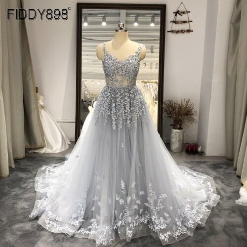 FIDDY898 Elegant Evening Dresses Long Straps Applique Beaded Floral Custom Made Prom Dress Long Train vestido de festa longo