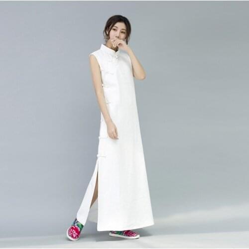 Cotton Linen Chinese Dress Qipao Maxi Cheongsam Dress Sleeveless Vintage Chinese Style Clothing Women Dresses Summer 2020 10377