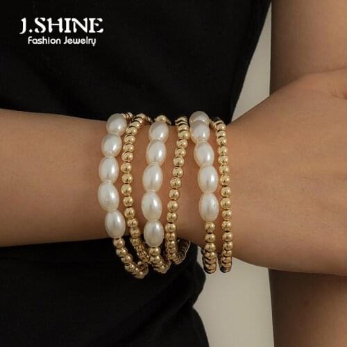 JShine 6Pcs/Set Bohemian Imitation Pearl Beaded Bangles Bracelet Stackable Handmade Layered Bead Chain Bracelet Women Fashion