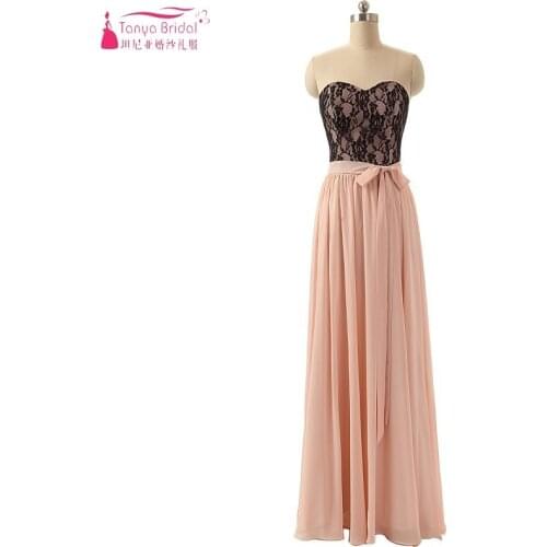 Coral Long chiffon Bridesmaid Dresses With Black Lace A Line Floor Length Bridesmaids Gown simple style