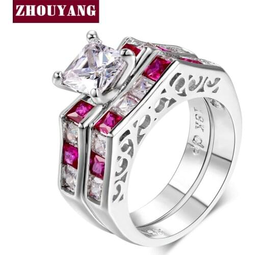 Square-cut Cubic Zirconia Silver Color Fashion Cocktail Party Jewelry Ring Sets For Women Girl Full Size DD018