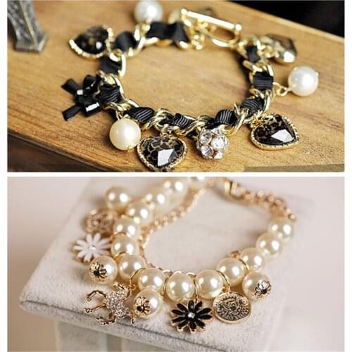 Fashion hand pony petal mix pearl multilayer bracelet with crystal bow leopard peach heart pearl bracelet
