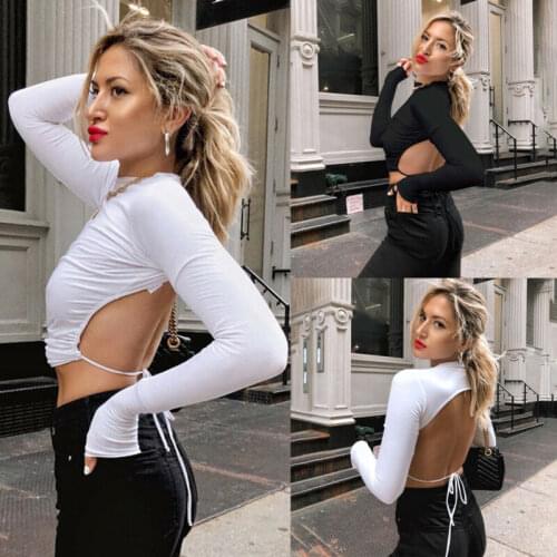 Fashion 2020 Women O Neck Backless Crop Top Long Sleeve Wrap Casual Plain Loose Shirt New