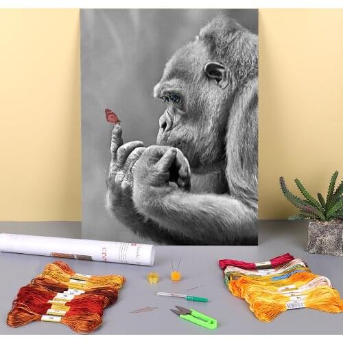 Orangutan Butterfly Animal Printed Water-Soluble Canvas 11CT Cross-Stitch Embroidery Kit DMC Threads Knitting Decor