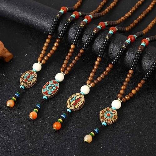 New Ethnic Handmade Nepal Necklace Buddhist Mala Wood Beads Pendant & Necklace Ethnic Horn Fish Long Jewelry for Women Men