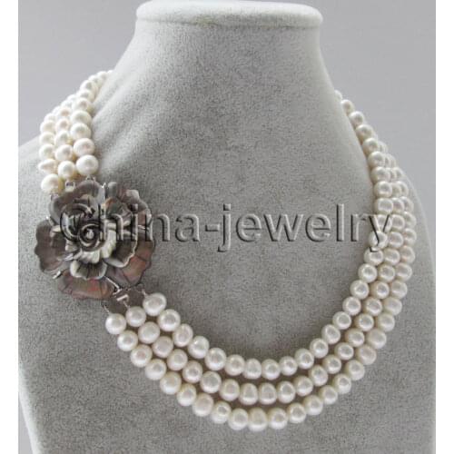 P7115 - 3row 17-19" 8-9mm natural white round freshwater pearl necklace - shell