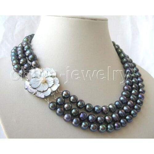 P3394 - AAA 3row 17-19" 8-9mm natural black round freshwater pearl necklace >>> free shipping